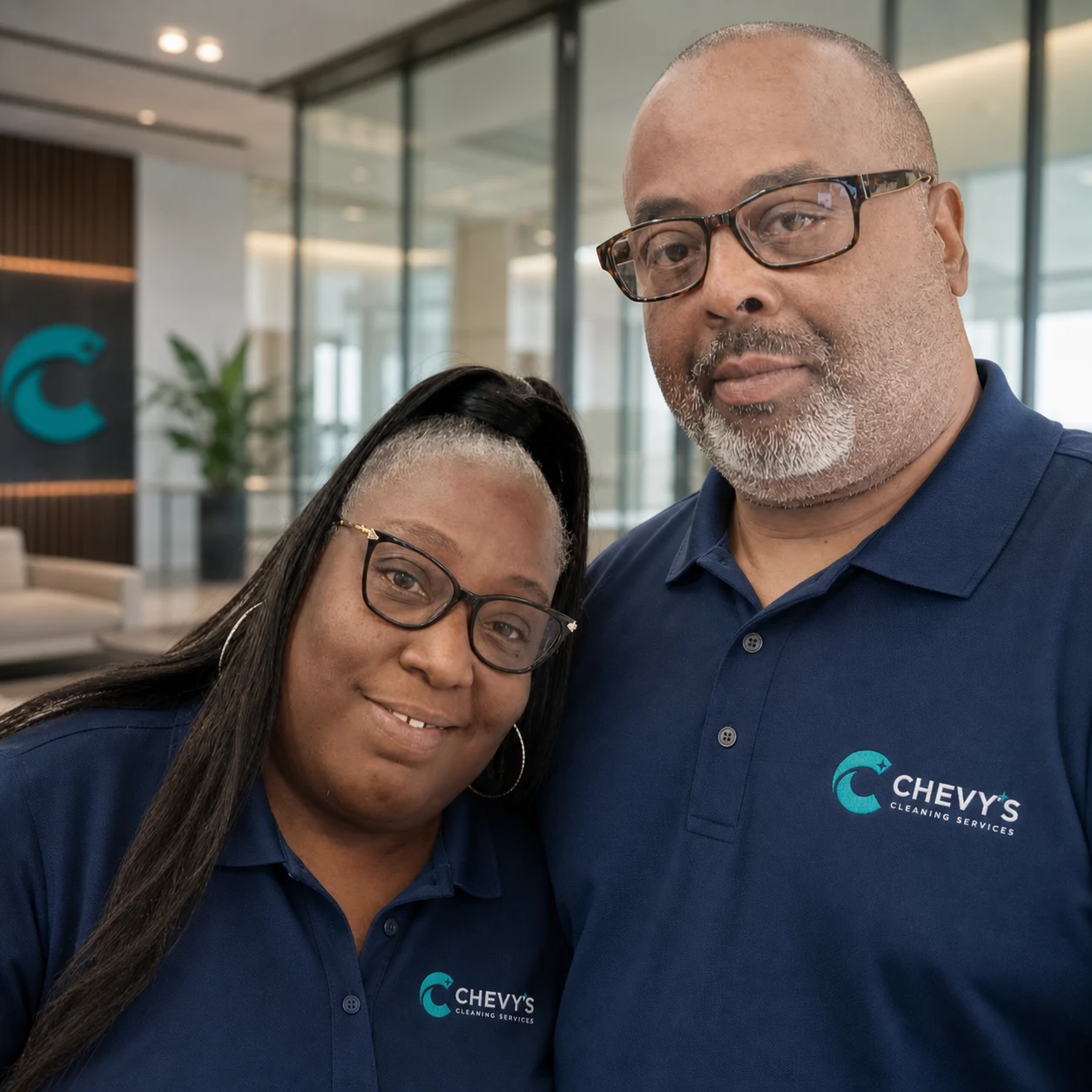 Ericka Smith-Stephens and Reginald Regg Stephens in Chevy's Cleaning Services branded uniforms